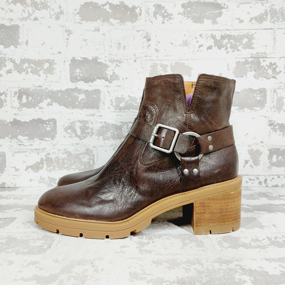 Lucky Brand Dark Brown Leather Combat Moto Boots with Buckle
